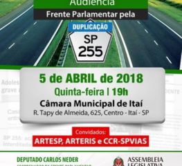 Acontece em 5/4 – Audiência da Frente Parlamentar pela duplicação da SP-255 em Itaí