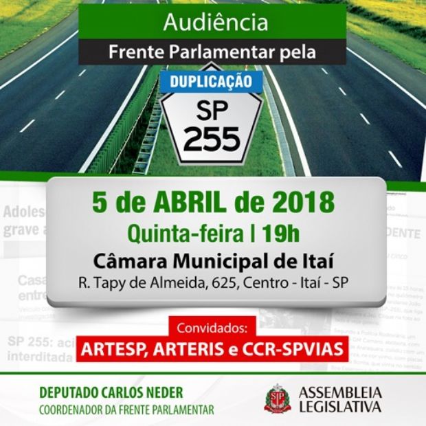 Acontece em 5/4 – Audiência da Frente Parlamentar pela duplicação da SP-255 em Itaí