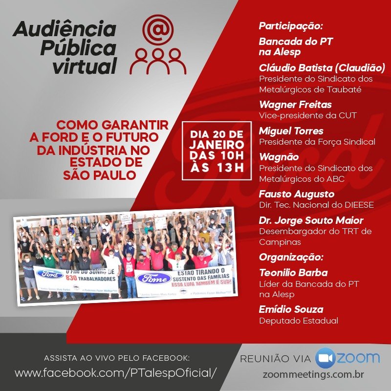Bancada do PT promove audiência para discutir o futuro da Ford e da indústria paulista